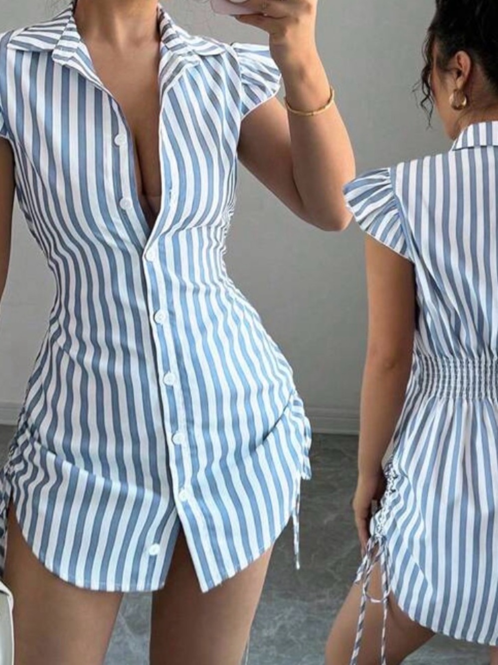 SHEIN Blue and White Striped Mini Shirt Dress with Ruching
